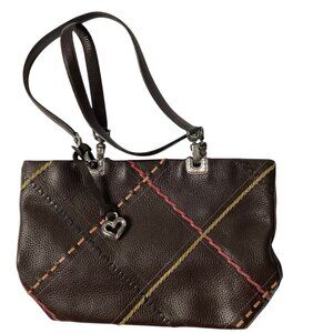 Brighton Brown Leather Handbag Shoulder Bag Heart Charm & Colorful Stitching